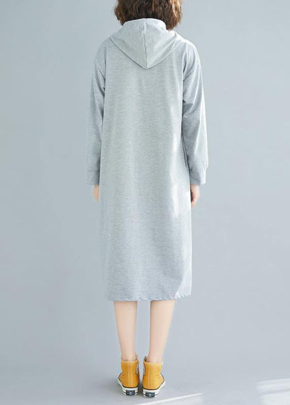 French hooded drawstring Cotton spring Tunics gray Dresses - SooLinen