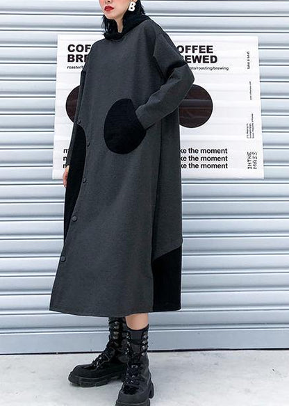 French hooded patchwork cotton fall dresses Sewing black cotton Dress - SooLinen