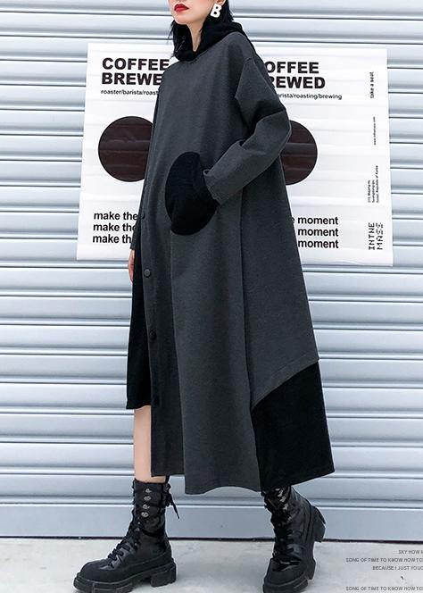 French hooded patchwork cotton fall dresses Sewing black cotton Dress - SooLinen