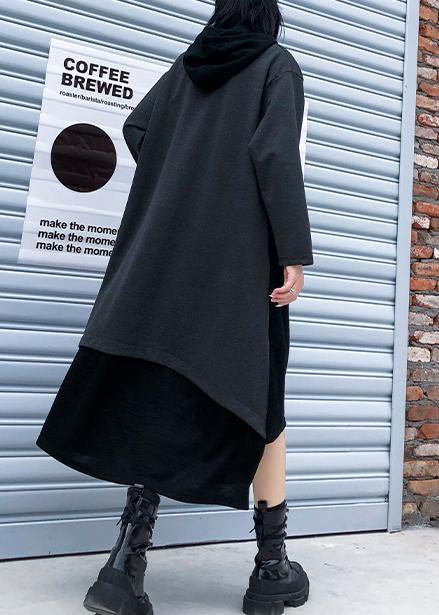French hooded patchwork cotton fall dresses Sewing black cotton Dress - SooLinen