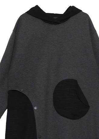 French hooded patchwork cotton fall dresses Sewing black cotton Dress - SooLinen