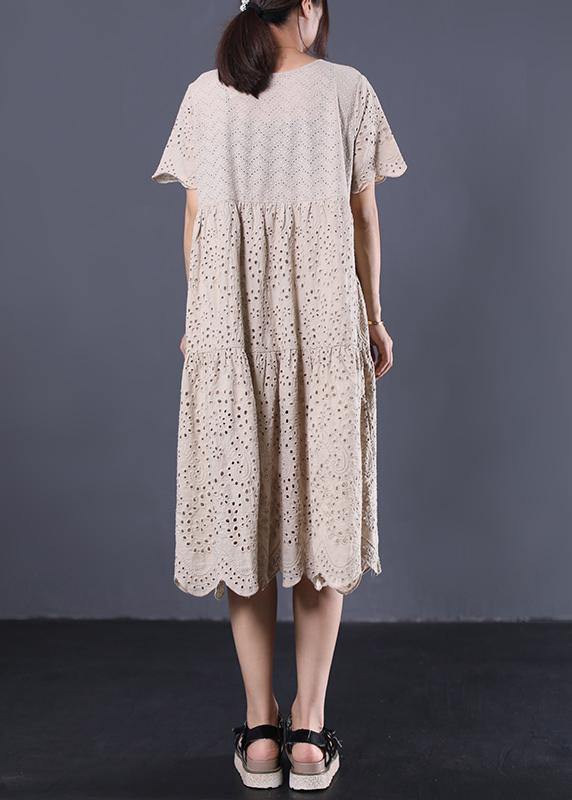 French khaki cotton dresses asymmetric hollow out Art summer Dresses - SooLinen