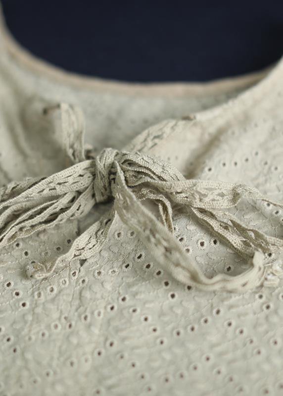 French khaki cotton dresses asymmetric hollow out Art summer Dresses - SooLinen