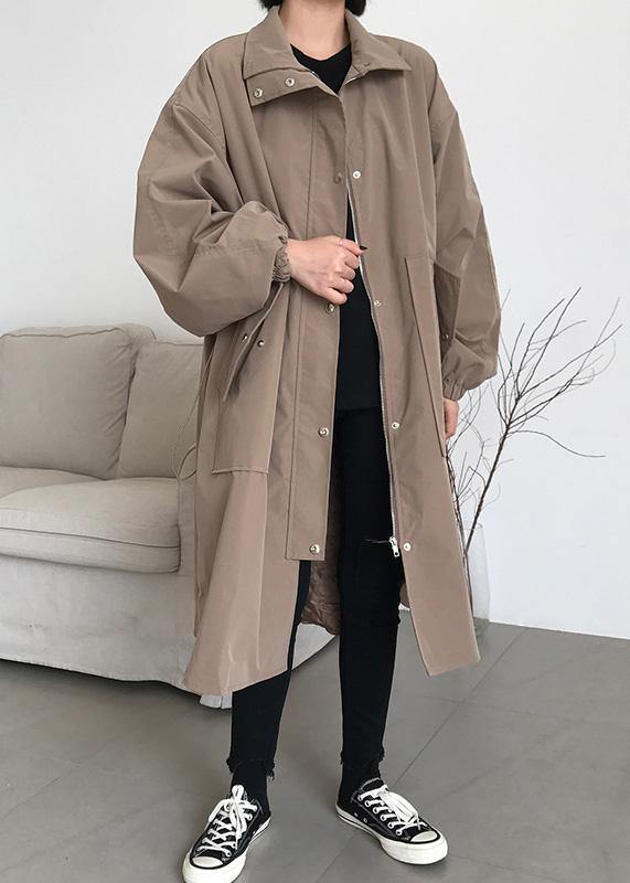French khaki fine maxi coat Wardrobes zippered lapel collar women coats - SooLinen