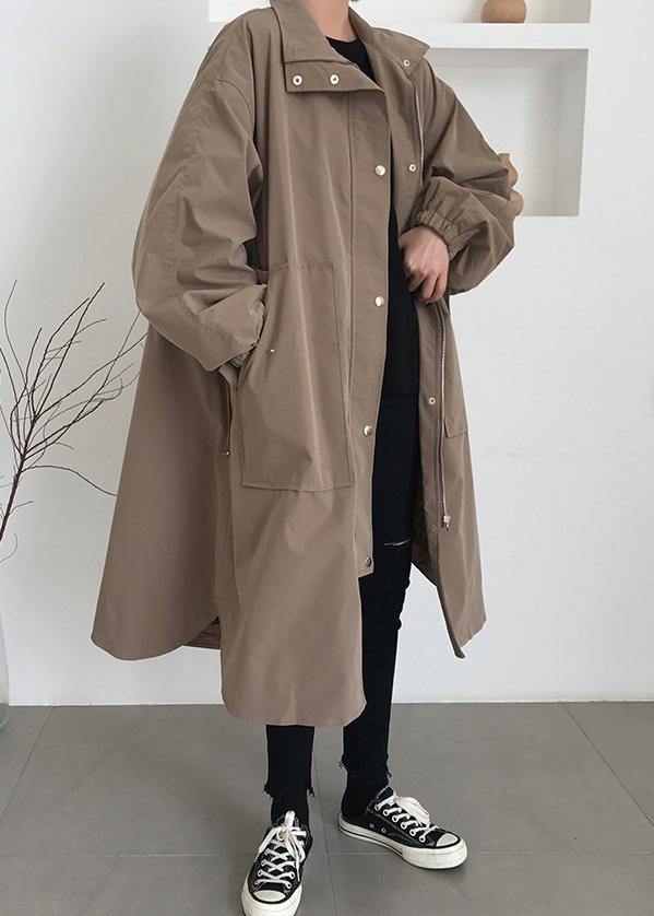 French khaki fine maxi coat Wardrobes zippered lapel collar women coats - SooLinen