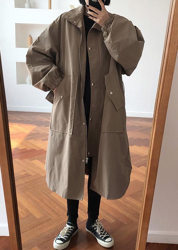 French khaki fine maxi coat Wardrobes zippered lapel collar women coats - SooLinen