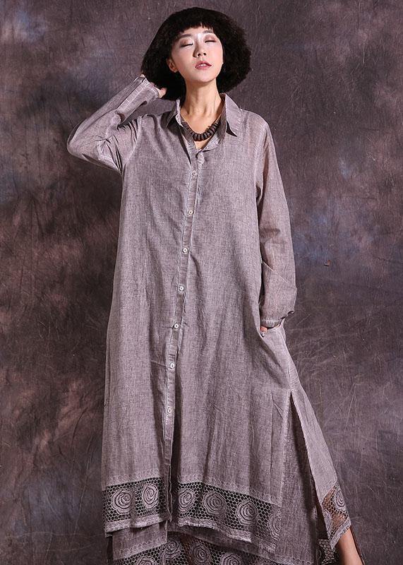 French lace hem linen cotton quilting outwear long Sleeve dark khaki lapel collar cardigan summer - SooLinen