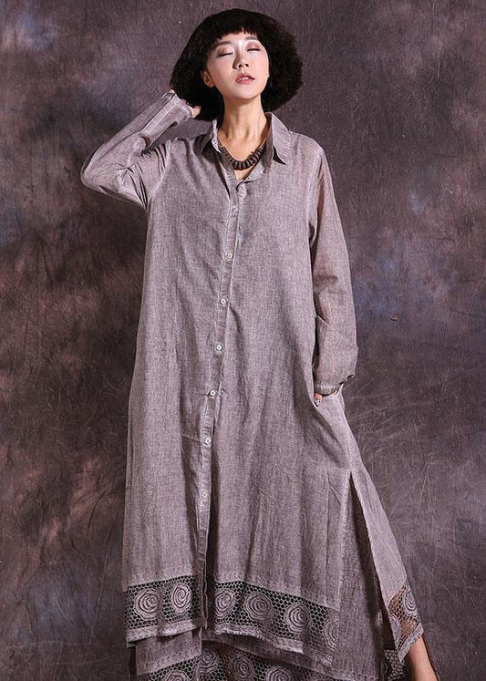 French lace hem linen cotton quilting outwear long Sleeve dark khaki lapel collar cardigan summer - SooLinen