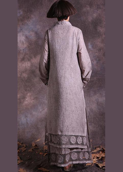 French lace hem linen cotton quilting outwear long Sleeve dark khaki lapel collar cardigan summer - SooLinen