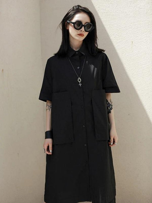 French lapel Large poeckets Cotton summer dresses Photography black Dresses - SooLinen