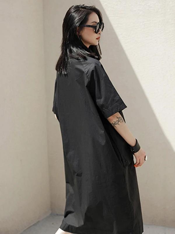 French lapel Large poeckets Cotton summer dresses Photography black Dresses - SooLinen