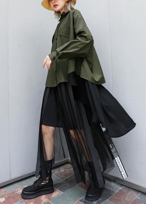 French lapel asymmetric tunics for women Neckline army green Dresses - SooLinen