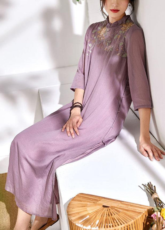 French light purple linen Wardrobes stand collar embroidery Maxi  Dresses - SooLinen