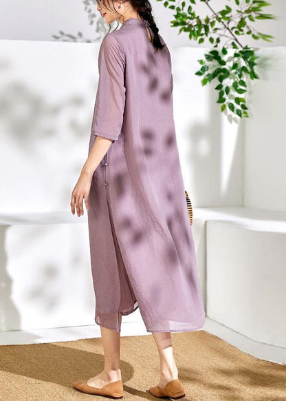 French light purple linen Wardrobes stand collar embroidery Maxi  Dresses - SooLinen
