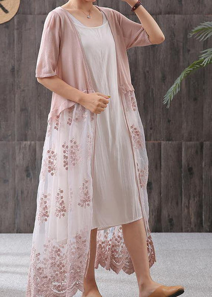 French linen Long Shirts Omychic Literary Embroidery Splicing Long Knitted Coat - SooLinen