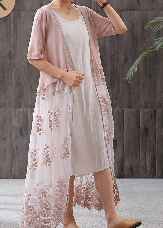 French linen Long Shirts Omychic Literary Embroidery Splicing Long Knitted Coat - SooLinen