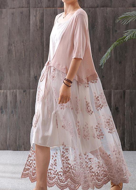 French linen Long Shirts Omychic Literary Embroidery Splicing Long Knitted Coat - SooLinen