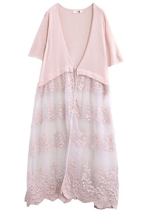 French linen Long Shirts Omychic Literary Embroidery Splicing Long Knitted Coat - SooLinen