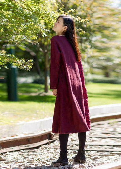 Französisches Leinen-Robes Metropolitan Museum Vintage Plaid Spliced ​​Langarm-Midikleid