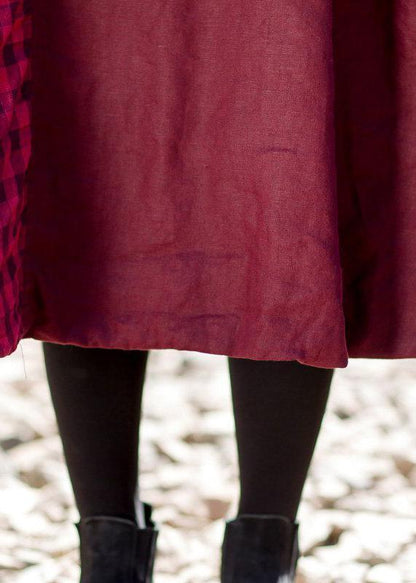 Französisches Leinen-Robes Metropolitan Museum Vintage Plaid Spliced ​​Langarm-Midikleid