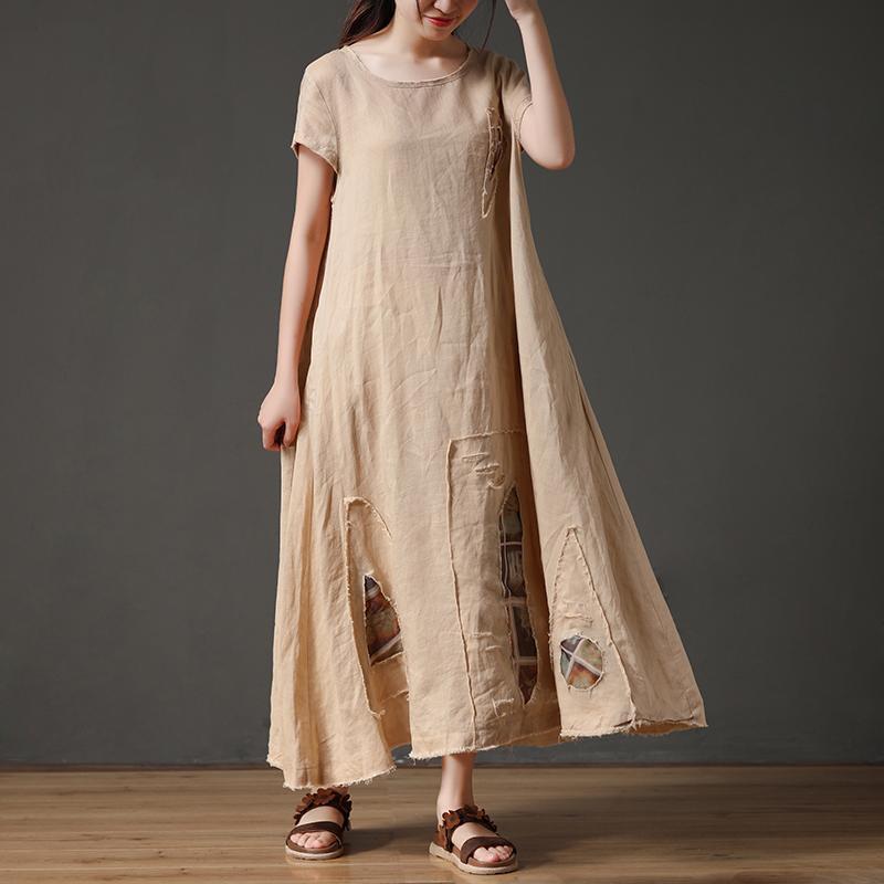 Französische Leinenkleidung für Frauen Vintage Kurzarm Beige Lockeres Damen Rundhals Leinenkleid