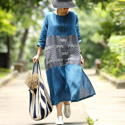 Französisches Leinenkleid in Übergröße, langärmliges, lässiges Pulloverkleid mit Schlitz