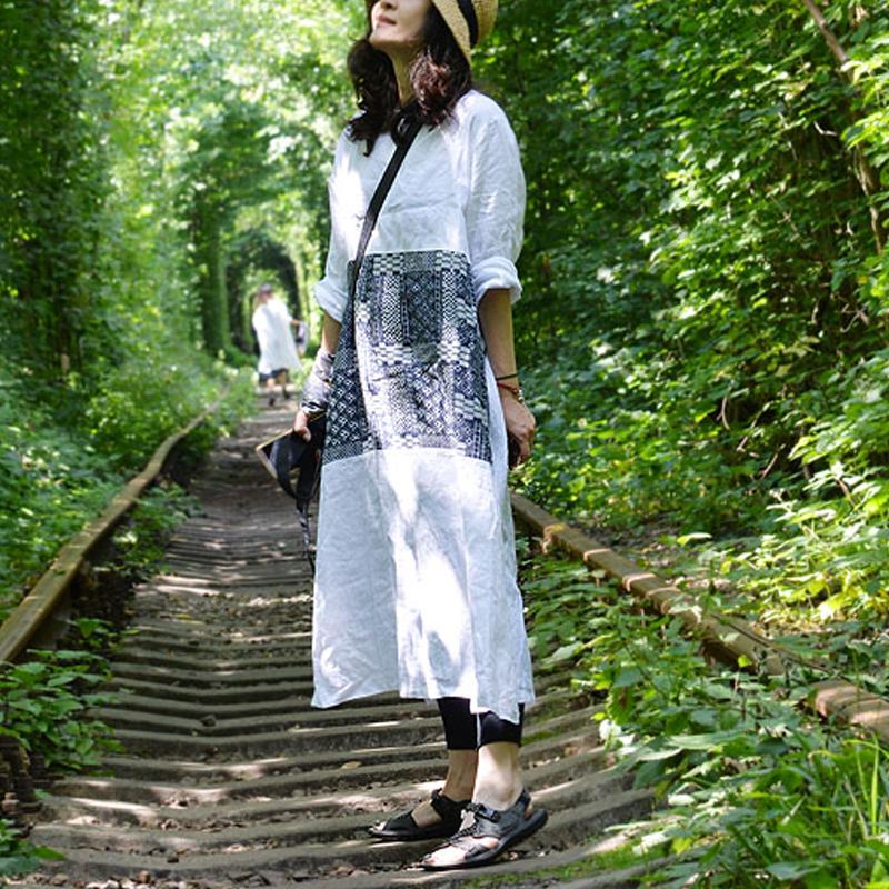 Französisches Leinenkleid in Übergröße, langärmliges, lässiges Pulloverkleid mit Schlitz