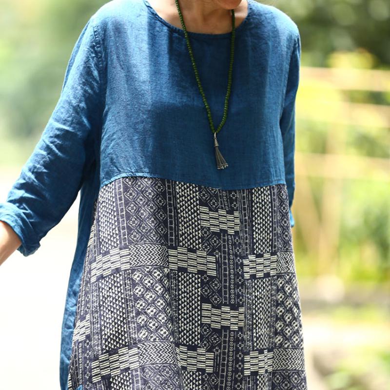 Französisches Leinenkleid in Übergröße, langärmliges, lässiges Pulloverkleid mit Schlitz