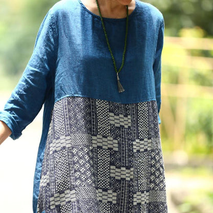 Französisches Leinenkleid in Übergröße, langärmliges, lässiges Pulloverkleid mit Schlitz