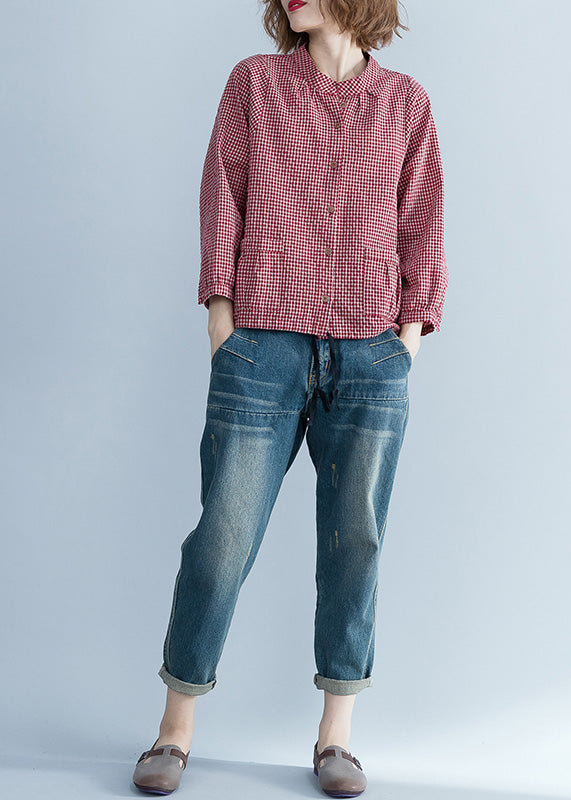 Französische Langarm-Leinenbluse, pakistanische Tunika-Tops, rotes Silhouettenhemd, kariert