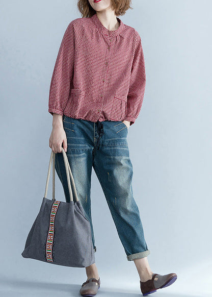 Französische Langarm-Leinenbluse, pakistanische Tunika-Tops, rotes Silhouettenhemd, kariert