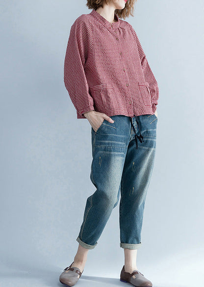 Französische Langarm-Leinenbluse, pakistanische Tunika-Tops, rotes Silhouettenhemd, kariert