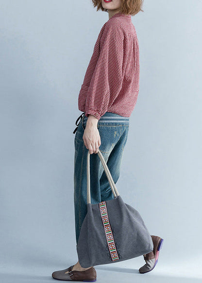 Französische Langarm-Leinenbluse, pakistanische Tunika-Tops, rotes Silhouettenhemd, kariert