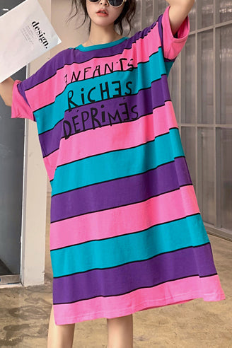 Französische mehrfarbige Baumwoll-Steppkleider in Übergröße, Ausschnitt mit O-Ausschnitt, seitlich offenes Shift-Sommerkleid