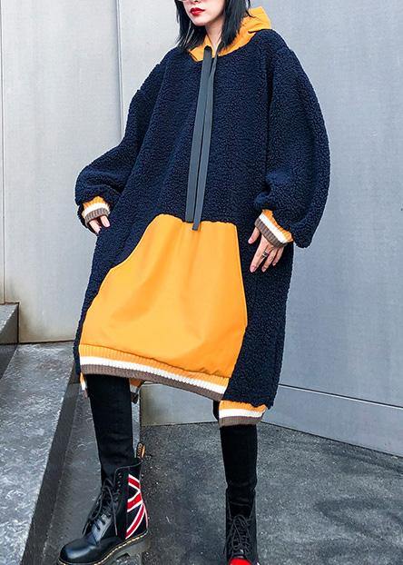 French navy top hooded drawstring Plus Size Clothing fall blouses - SooLinen