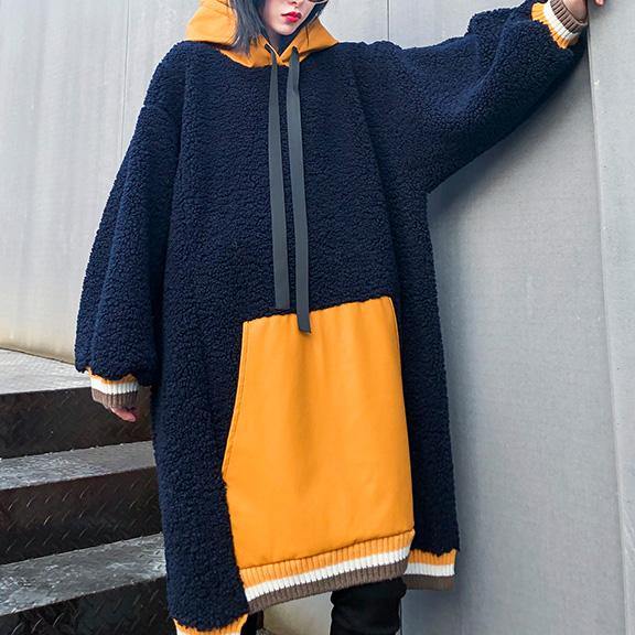 French navy top hooded drawstring Plus Size Clothing fall blouses - SooLinen