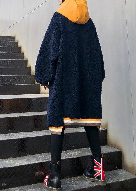 French navy top hooded drawstring Plus Size Clothing fall blouses - SooLinen