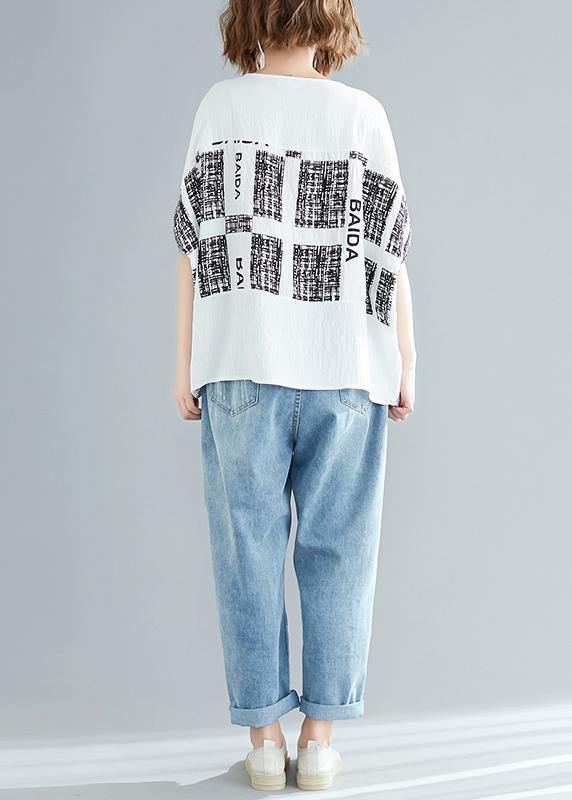 French o neck Batwing Sleeve Blouse Fine Cotton white Plaid Dresses top Summer - SooLinen