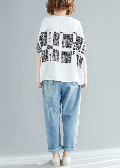 French o neck Batwing Sleeve Blouse Fine Cotton white Plaid Dresses top Summer - SooLinen