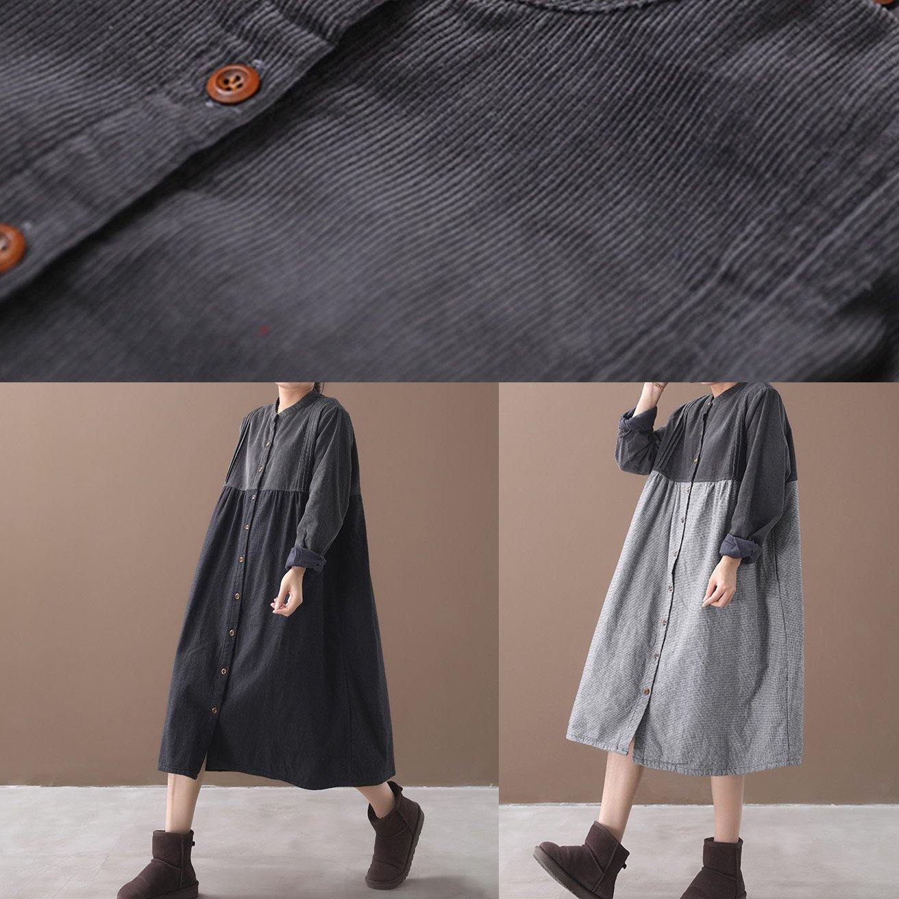 French o neck Button patchwork black plaid Dress - SooLinen