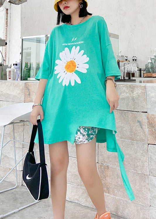 French o neck asymmetric cotton blouses for women green daisy blouses - SooLinen
