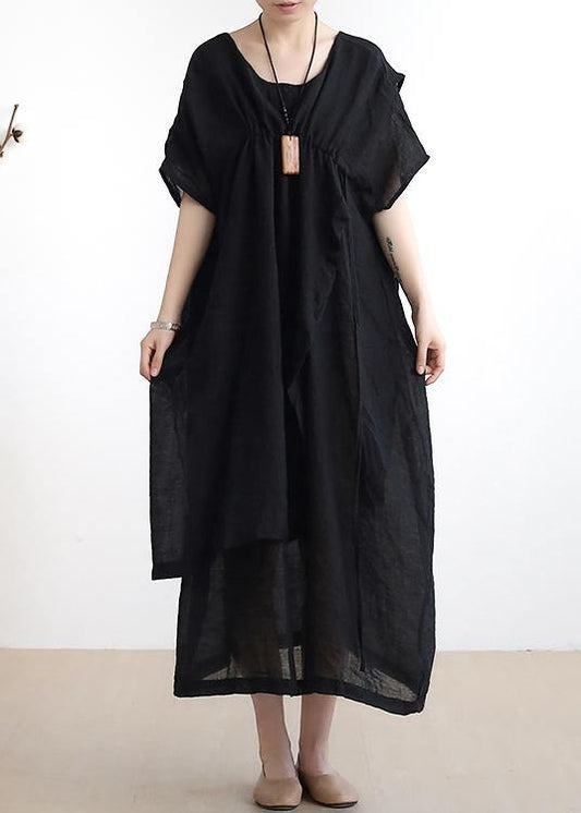 French o neck asymmetric cotton summer dress Sewing black Dresses - SooLinen