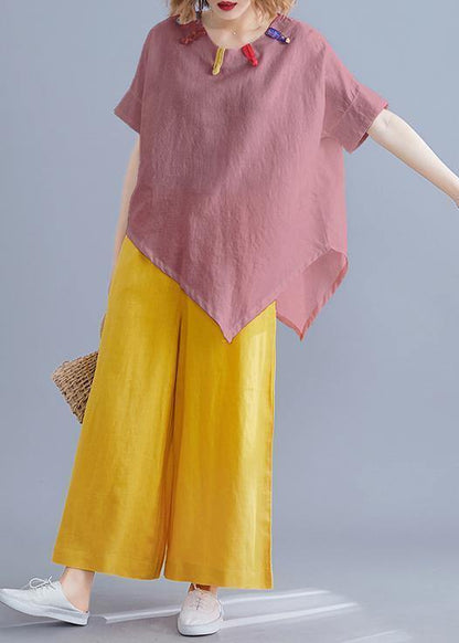 French o neck asymmetric linen cotton tunic top brown cotton top summer - SooLinen