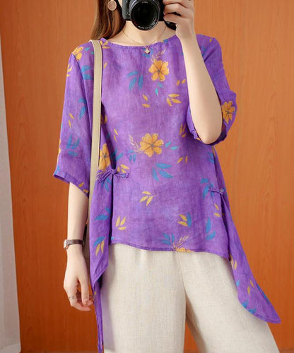 French o neck asymmetric summer top Shirts purple print top - SooLinen