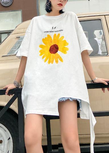 French o neck cotton Blouse Sleeve white print tops - SooLinen