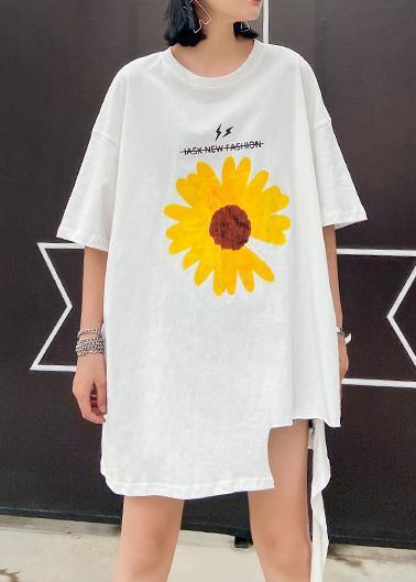 French o neck cotton Blouse Sleeve white print tops - SooLinen