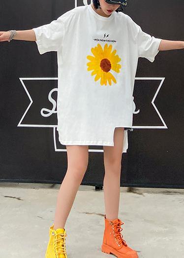 French o neck cotton Blouse Sleeve white print tops - SooLinen