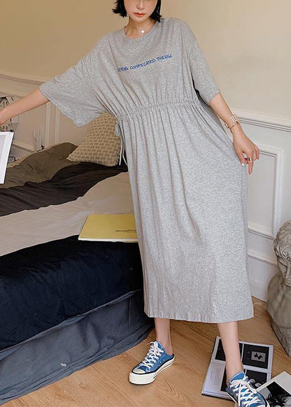 French o neck cotton outfit Fabrics gray drawstring loose Dress summer - SooLinen