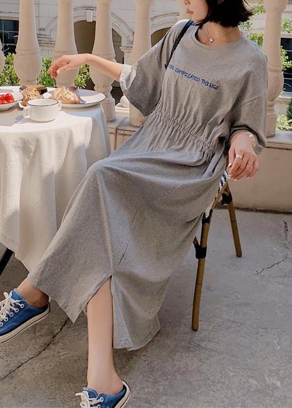French o neck cotton outfit Fabrics gray drawstring loose Dress summer - SooLinen
