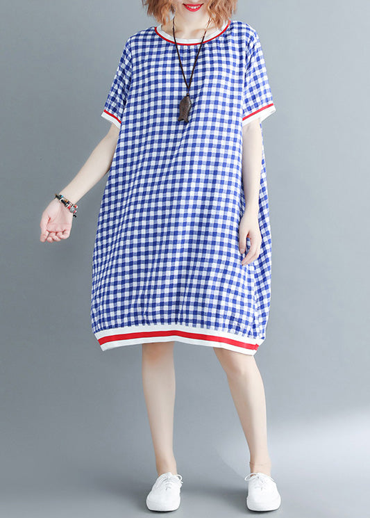 Französisches O-Ausschnitt-Baumwoll-Outfit in Übergröße, Arbeitsoutfits, blaues kariertes Kleid, Sommer